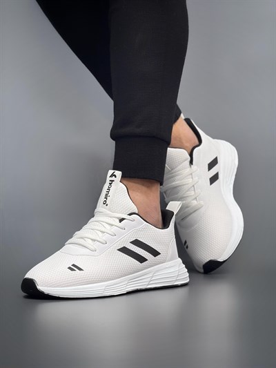 Unisex Bağcıklı Triko Poli Taban Spor Ayakkabı-Beyaz-Siyah