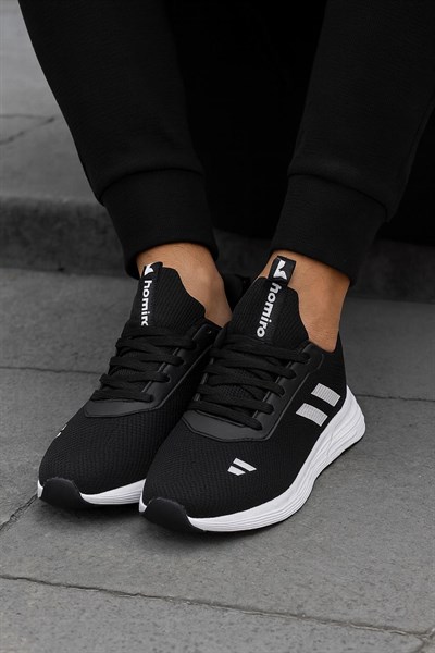 Unisex Bağcıklı Triko Poli Taban Spor Ayakkabı-Siyah-Beyaz