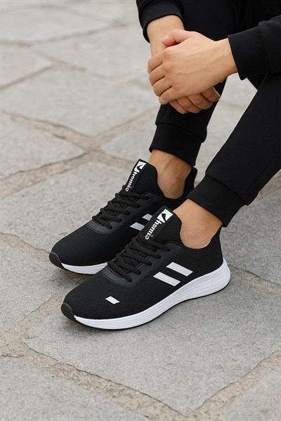Unisex Bağcıklı Triko Poli Taban Spor Ayakkabı-Siyah-Beyaz