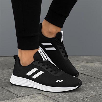 Unisex Bağcıklı Triko Poli Taban Spor Ayakkabı-Siyah-Beyaz