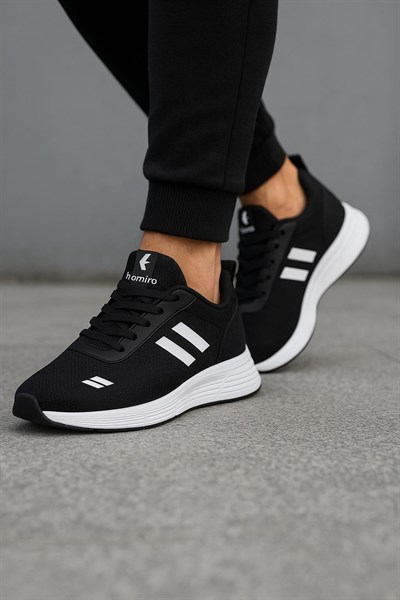 Unisex Bağcıklı Triko Poli Taban Spor Ayakkabı-Siyah-Beyaz