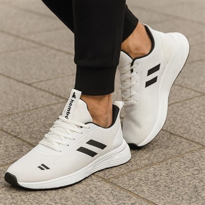 Unisex Bağcıklı Triko Poli Taban Spor Ayakkabı-Beyaz-Siyah