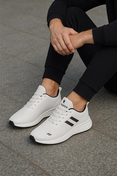 Unisex Bağcıklı Triko Poli Taban Spor Ayakkabı-Beyaz-Siyah