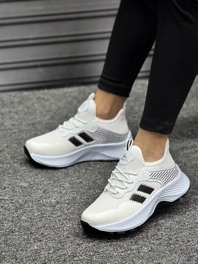 Unisex Çocuk Bağcıklı Poli Taban Triko Spor Ayakkabı-Beyaz-Siyah