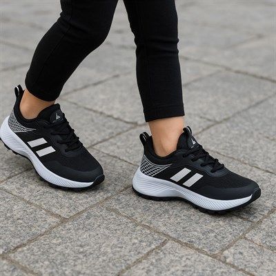 Unisex Çocuk Bağcıklı Poli Taban Triko Spor Ayakkabı-Siyah-Beyaz
