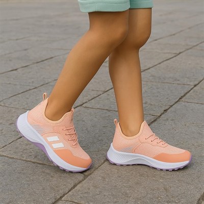 Unisex Çocuk Bağcıklı Poli Taban Triko Spor Ayakkabı-Pudra-Lila