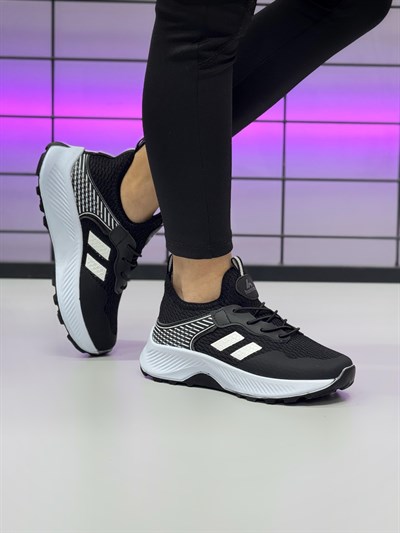 Unisex Çocuk Bağcıklı Poli Taban Triko Spor Ayakkabı-Siyah-Beyaz