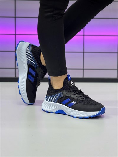 Unisex Çocuk Bağcıklı Poli Taban Triko Spor Ayakkabı-Siyah-Mavi