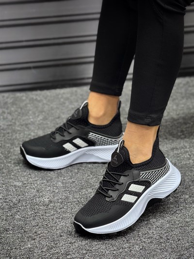 Unisex Çocuk Bağcıklı Poli Taban Triko Spor Ayakkabı-Siyah-Beyaz