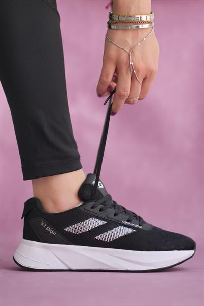 Unisex Fuspetli Triko Ortopedik Poli Taban Spor Sneaker Ayakkabı-Siyah-Beyaz