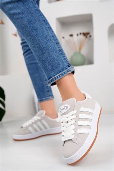 Kadın Unisex Klasik Bağcıklı Ortopedik Spor Sneaker Ayakkabı-Füme-Beyaz