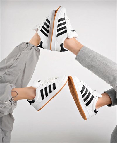 Unisex Klasik Bağcıklı Ortopedik Spor Sneaker Ayakkabı-Beyaz-Siyah