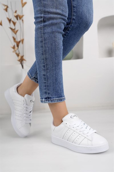 Unisex Klasik Bağcıklı Ortopedik Spor Sneaker Ayakkabı-Beyaz