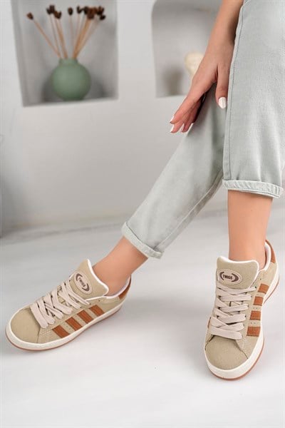 Kadın Unisex Klasik Bağcıklı Ortopedik Spor Sneaker Ayakkabı-Bej