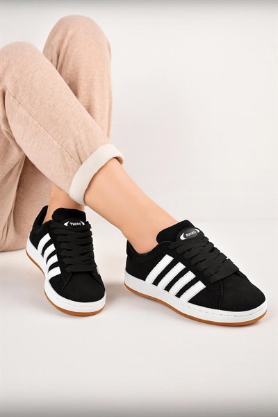 Unisex Klasik Bağcıklı Ortopedik Spor Sneaker Ayakkabı-Siyah-Beyaz
