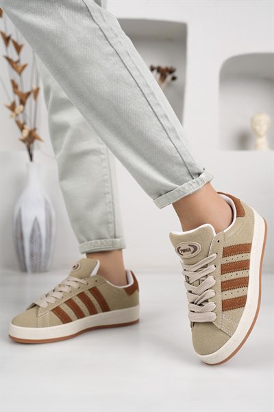 Unisex Klasik Bağcıklı Ortopedik Spor Sneaker Ayakkabı-Bej