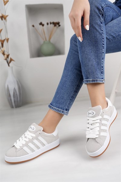 Unisex Klasik Bağcıklı Ortopedik Spor Sneaker Ayakkabı-Füme-Beyaz