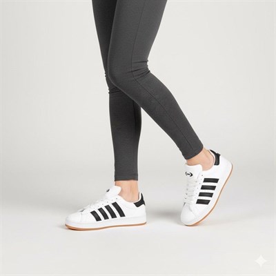 Unisex Klasik Bağcıklı Ortopedik Spor Sneaker Ayakkabı-Beyaz-Siyah