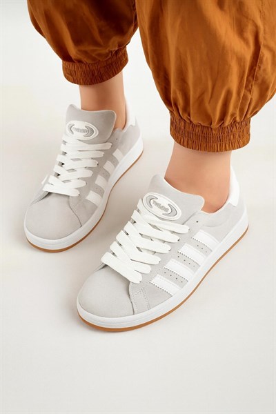 Unisex Klasik Bağcıklı Ortopedik Spor Sneaker Ayakkabı-Füme-Beyaz