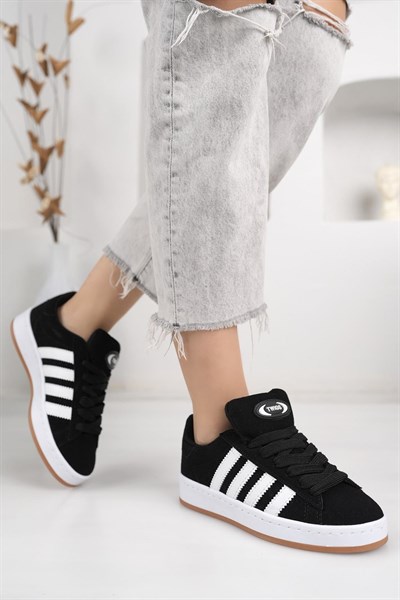Unisex Klasik Bağcıklı Ortopedik Spor Sneaker Ayakkabı-Siyah-Beyaz