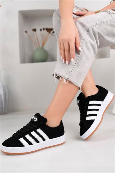 Kadın Unisex Klasik Bağcıklı Ortopedik Spor Sneaker Ayakkabı-Siyah-Beyaz
