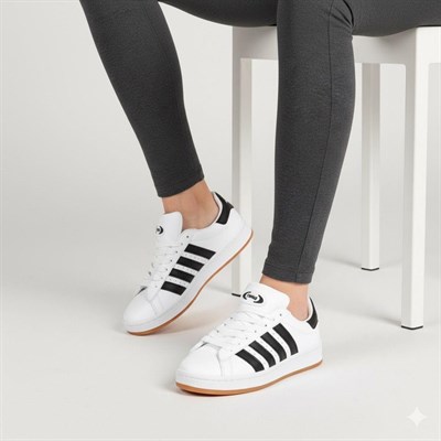 Unisex Klasik Bağcıklı Ortopedik Spor Sneaker Ayakkabı-Beyaz-Siyah