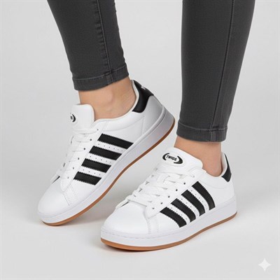 Unisex Klasik Bağcıklı Ortopedik Spor Sneaker Ayakkabı-Beyaz-Siyah