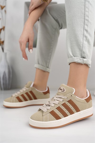 Unisex Klasik Bağcıklı Ortopedik Spor Sneaker Ayakkabı-Bej