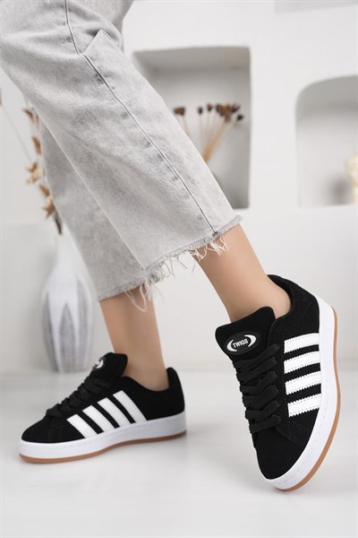 Unisex Klasik Bağcıklı Ortopedik Spor Sneaker Ayakkabı-Siyah-Beyaz