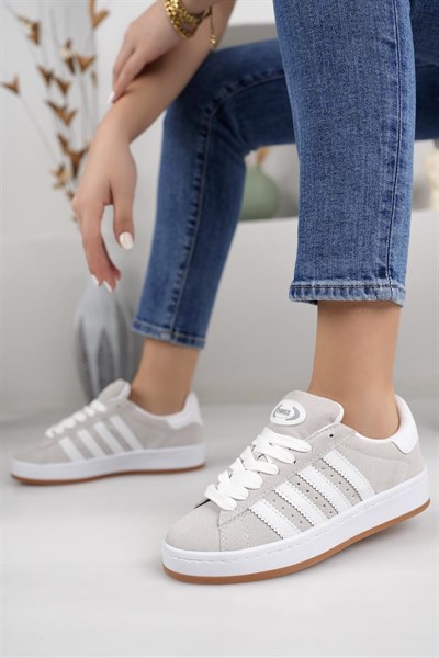 Unisex Klasik Bağcıklı Ortopedik Spor Sneaker Ayakkabı-Füme-Beyaz