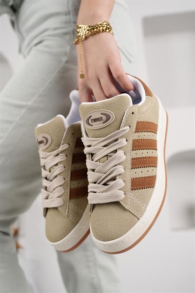 Unisex Klasik Bağcıklı Ortopedik Spor Sneaker Ayakkabı-Bej