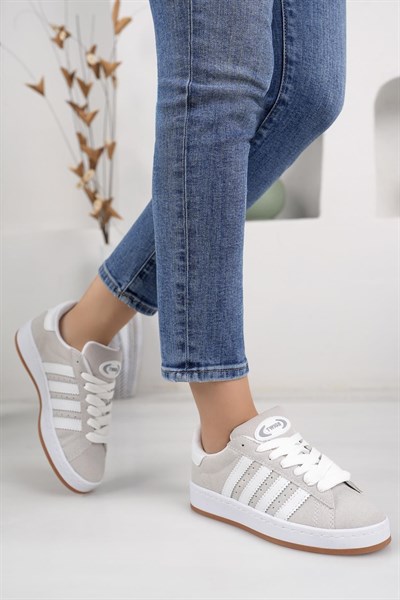 Unisex Klasik Bağcıklı Ortopedik Spor Sneaker Ayakkabı-Füme-Beyaz