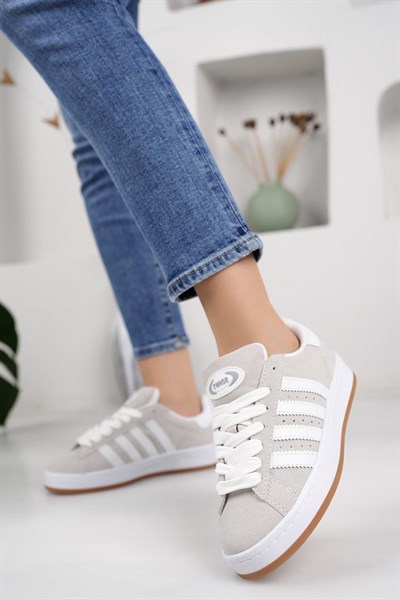 Kadın Unisex Klasik Bağcıklı Ortopedik Spor Sneaker Ayakkabı-Füme-Beyaz
