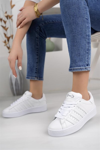 Unisex Klasik Bağcıklı Ortopedik Spor Sneaker Ayakkabı-Beyaz