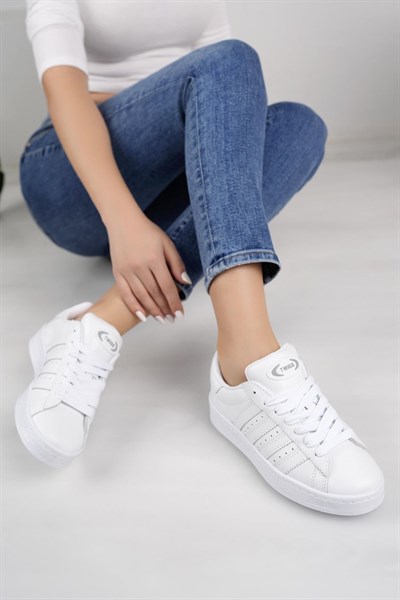 Unisex Klasik Bağcıklı Ortopedik Spor Sneaker Ayakkabı-Beyaz