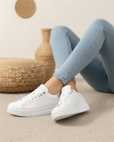 Unisex Ortopedik Rahat Spor Ayakkabı - Beyaz Gümüş Taşlı