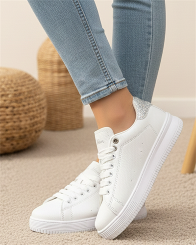 Unisex Ortopedik Rahat Spor Ayakkabı - Beyaz Gümüş Taşlı