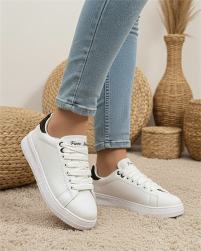 Unisex Ortopedik Rahat Spor Ayakkabı - Beyaz Siyah Taşlı