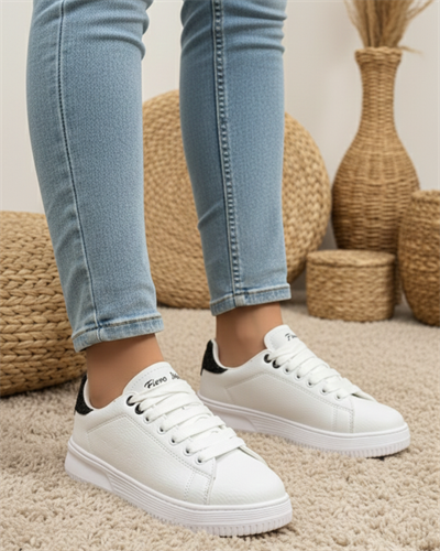 Unisex Ortopedik Rahat Spor Ayakkabı - Beyaz Siyah Taşlı
