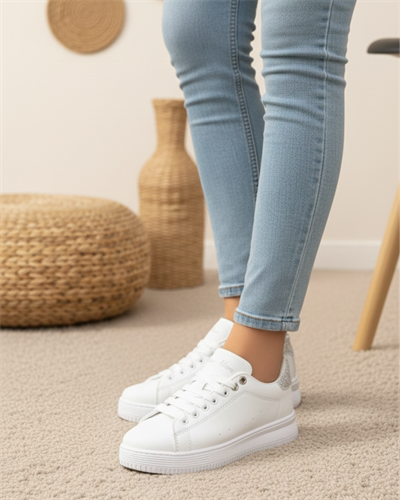 Unisex Ortopedik Rahat Spor Ayakkabı - Beyaz Gümüş Taşlı