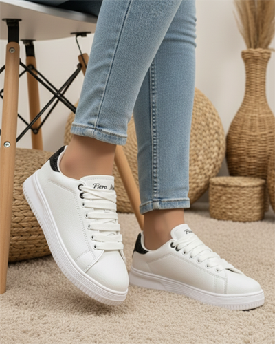 Unisex Ortopedik Rahat Spor Ayakkabı - Beyaz Siyah Taşlı