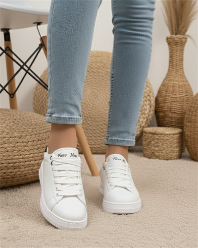 Unisex Ortopedik Rahat Spor Ayakkabı - Beyaz Siyah Taşlı