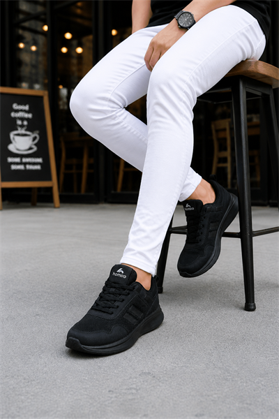 Unisex  Poli Taban Spor Sneaker Ayakkabı-Siyah
