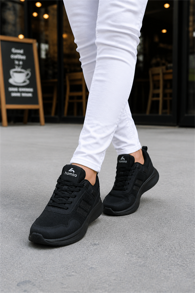 Unisex  Poli Taban Spor Sneaker Ayakkabı-Siyah