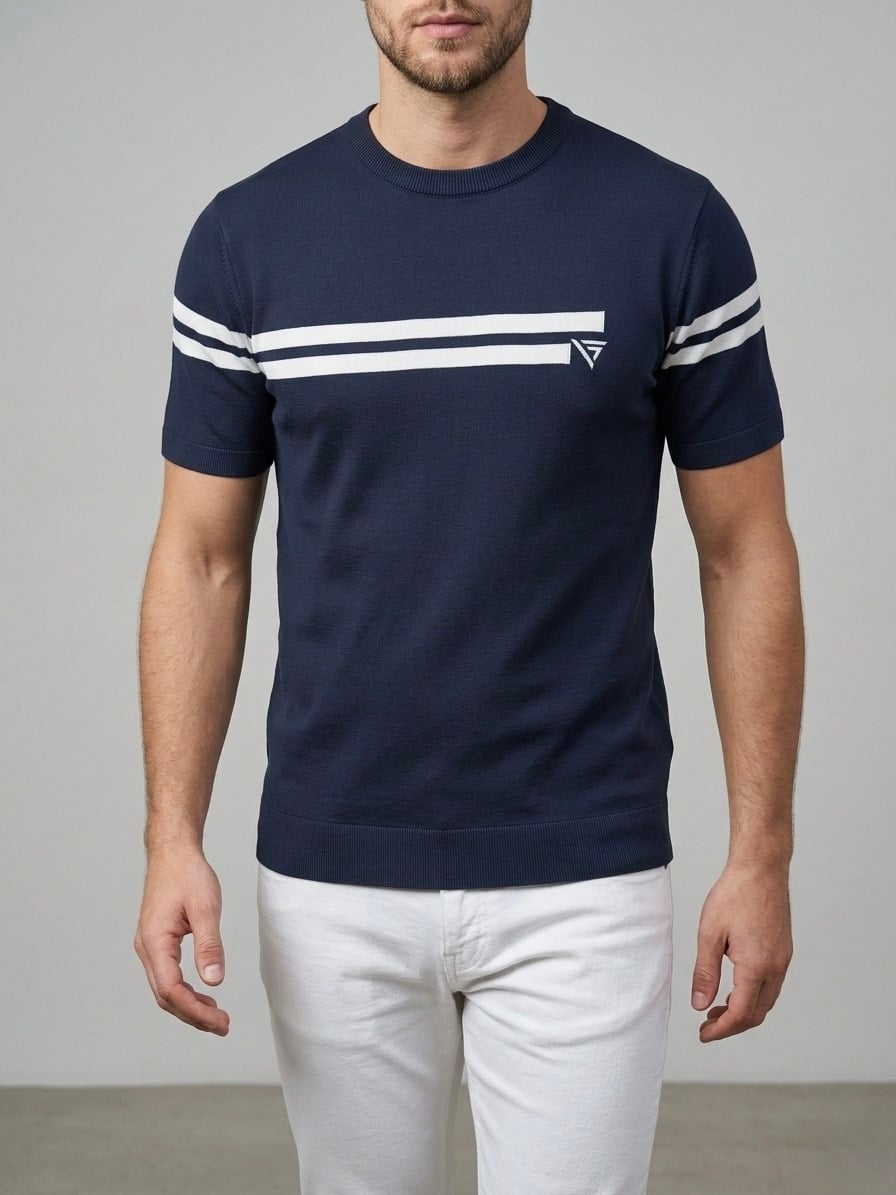 Homiro.com.tr'de erkekler için şık bir seçenek: Lacivert Çizgili Bisiklet Yaka Slim Fit T-Shirt. Şimdi incelemek için tıklayın!