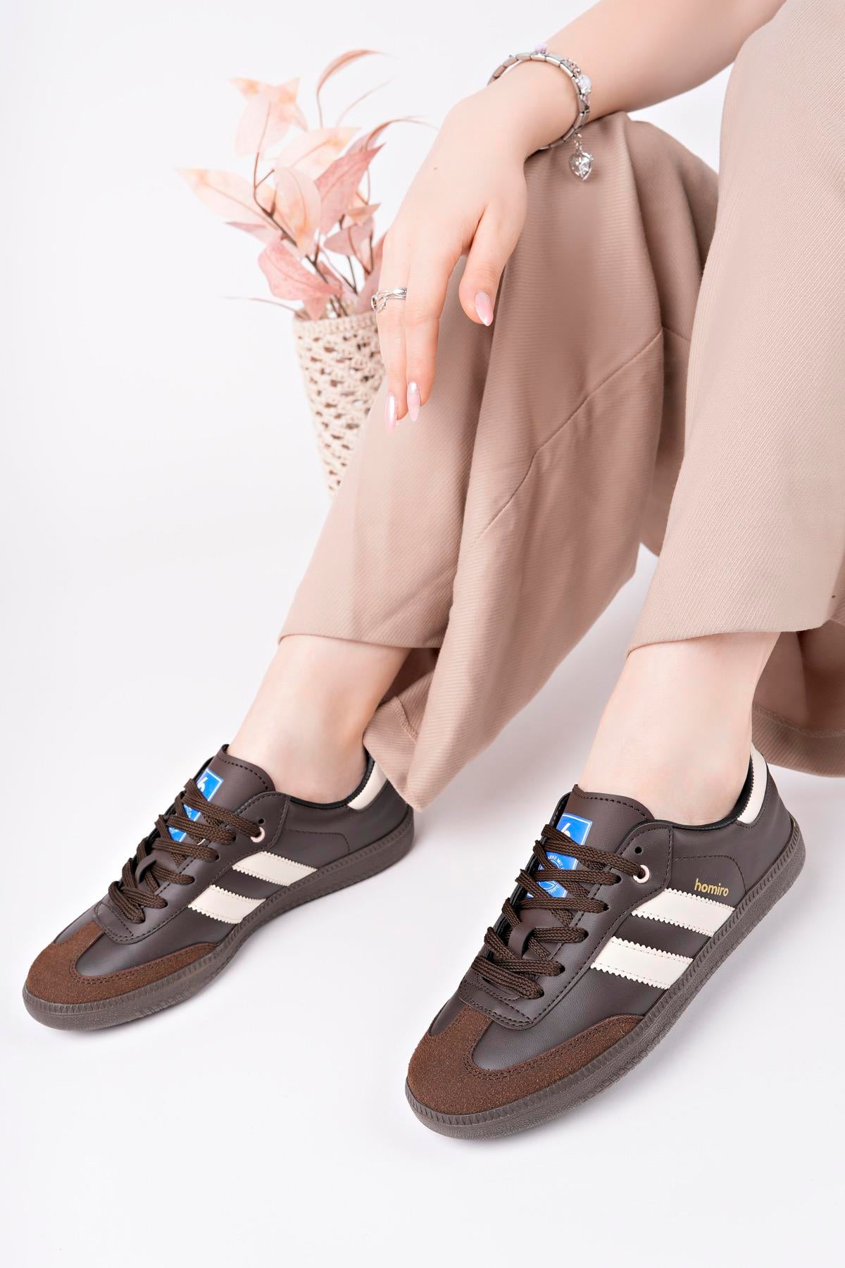 Bağcıklı Unisex Spor Sneaker Ayakkabı-Kahve-Bej