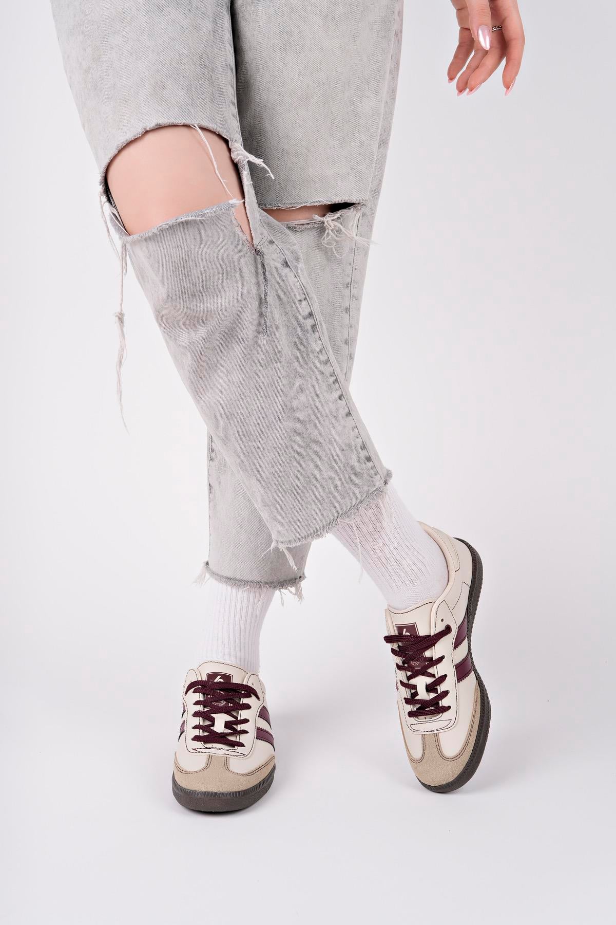 Bağcıklı Unisex Spor Sneaker Ayakkabı-Bej-Bordo