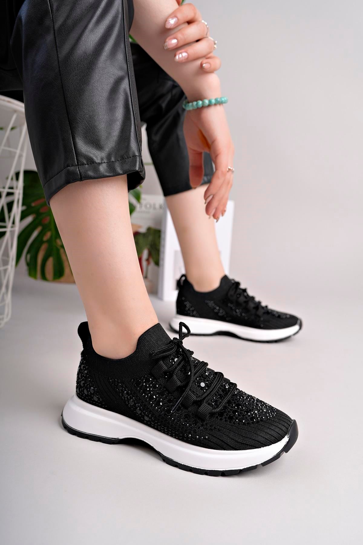 Kadın Bağcıklı Pullu  Triko Poli Taban Spor Sneaker Ayakkabı-Siyah