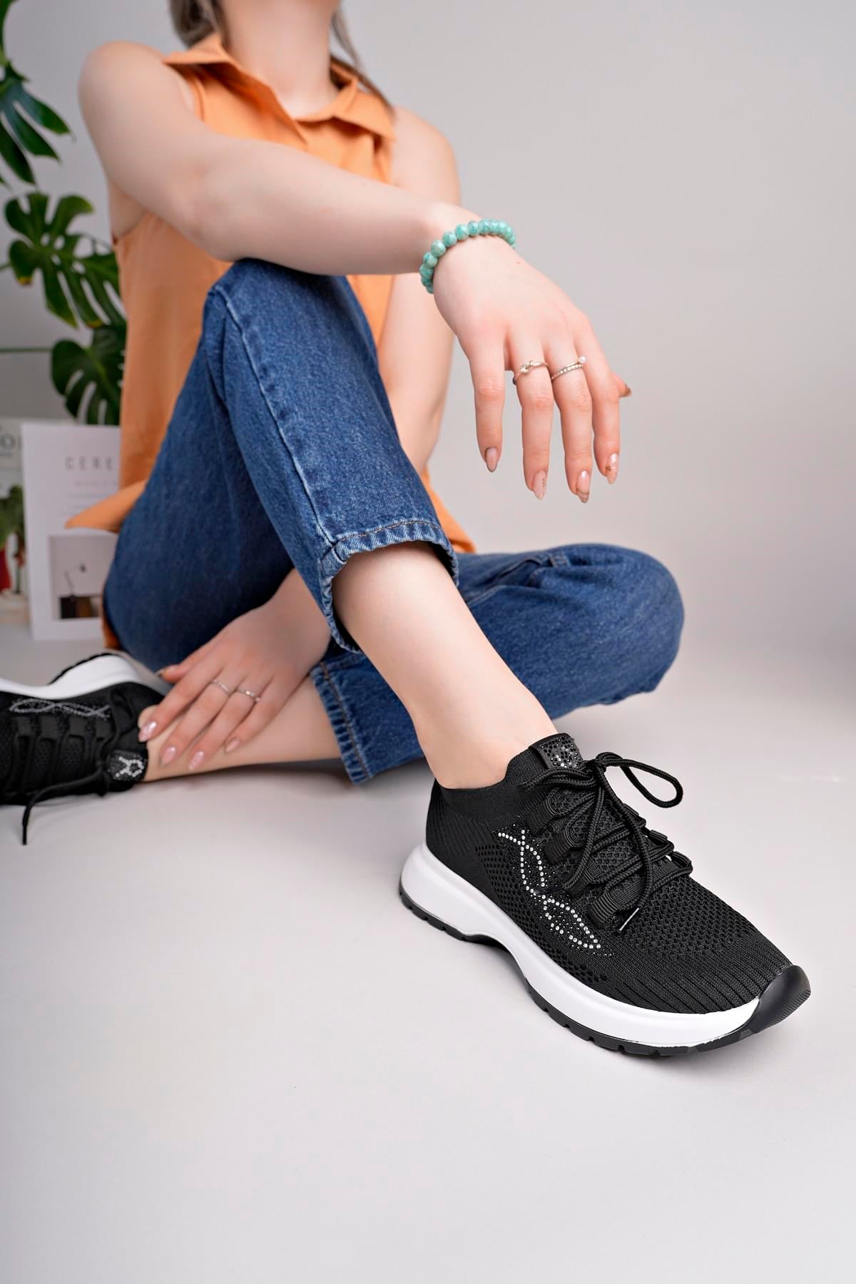 Kadın Bağcıklı Triko Poli Taban Spor Sneaker Ayakkabı-Siyah
