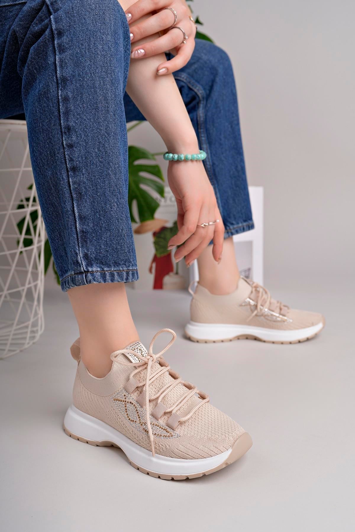 Kadın Bağcıklı Triko Poli Taban Spor Sneaker Ayakkabı-Bej